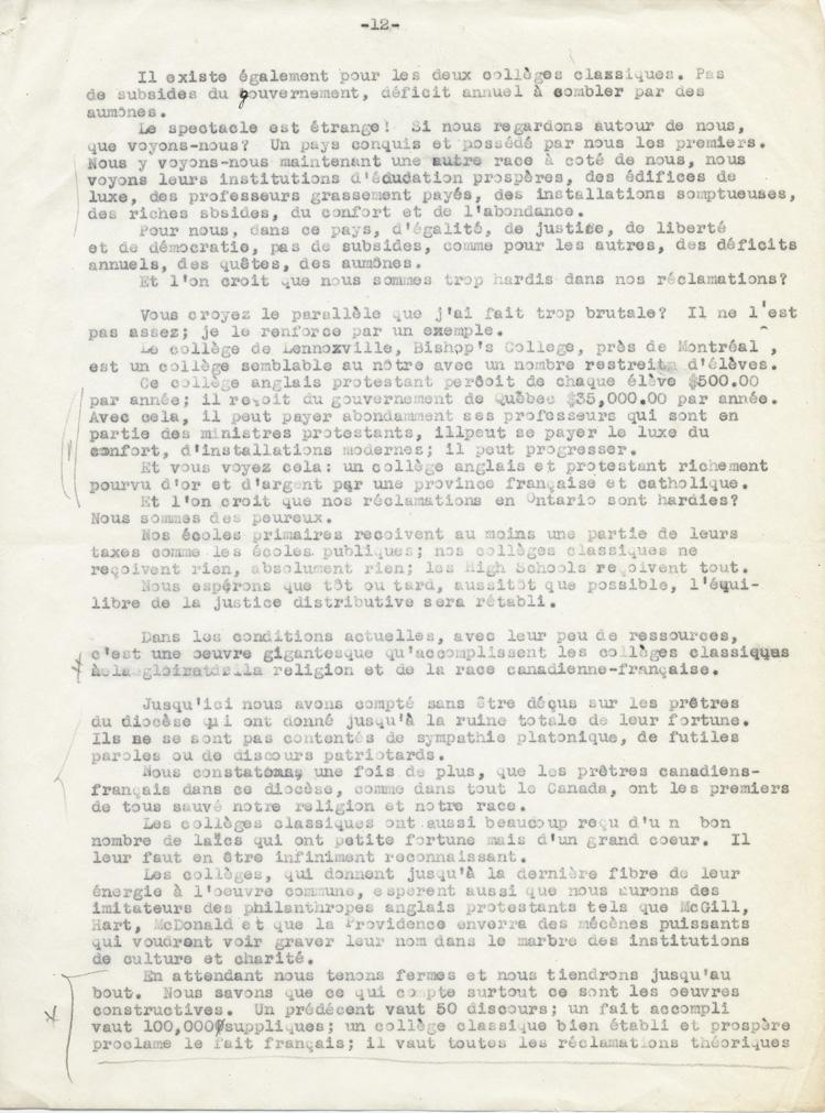 Reproduction de la douzi&egrave;me page du texte du discours de Guillaume Belcourt, s.j., prononc&eacute; au congr&egrave;s r&eacute;gional de l’Association canadienne-fran&ccedil;aise d’&eacute;ducation d’Ontario, &agrave; Sudbury (Ontario) en 1940, 1940.
