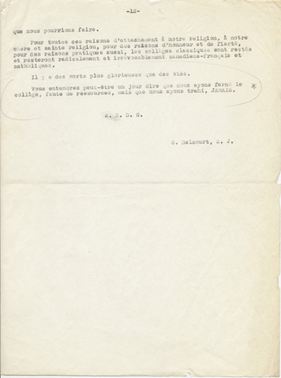 Reproduction de la treizi&egrave;me page du texte du discours de Guillaume Belcourt, s.j., prononc&eacute; au congr&egrave;s r&eacute;gional de l’Association canadienne-fran&ccedil;aise d’&eacute;ducation d’Ontario, &agrave; Sudbury (Ontario) en 1940, 1940.