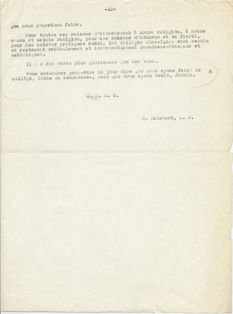 Reproduction de la treizième page du texte du discours de Guillaume Belcourt, s.j., prononcé au congrès régional de l’Association canadienne-française d’éducation d’Ontario, à Sudbury (Ontario) en 1940, 1940.