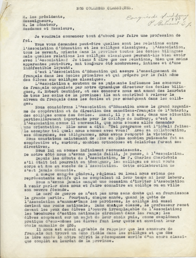 Reproduction de la premi&egrave;re page du texte du discours de Guillaume Belcourt, s.j., prononc&eacute; au congr&egrave;s r&eacute;gional de l’Association canadienne-fran&ccedil;aise d’&eacute;ducation d’Ontario, &agrave; Sudbury (Ontario) en 1940, 1940.
