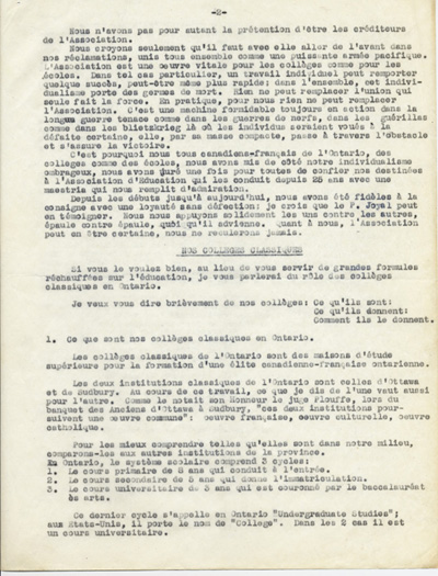Reproduction de la deuxi&egrave;me page du texte du discours de Guillaume Belcourt, s.j., prononc&eacute; au congr&egrave;s r&eacute;gional de l’Association canadienne-fran&ccedil;aise d’&eacute;ducation d’Ontario, &agrave; Sudbury (Ontario) en 1940, 1940.