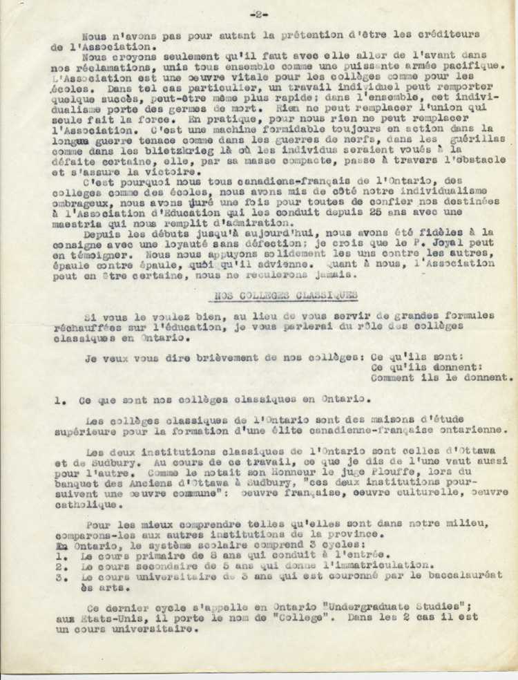 Reproduction de la deuxième page du texte du discours de Guillaume Belcourt, s.j., prononcé au congrès régional de l’Association canadienne-française d’éducation d’Ontario, à Sudbury (Ontario) en 1940, 1940.