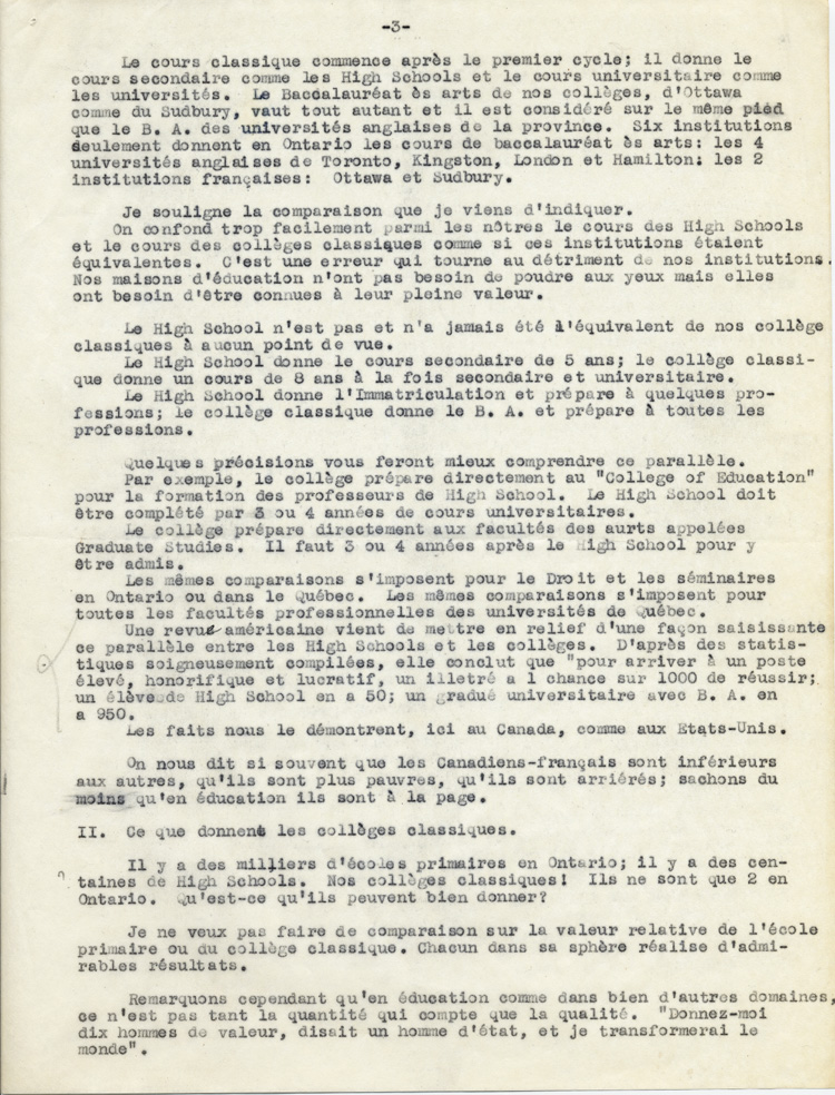 Reproduction de la troisième page du texte du discours de Guillaume Belcourt, s.j., prononcé au congrès régional de l’Association canadienne-française d’éducation d’Ontario, à Sudbury (Ontario) en 1940, 1940.