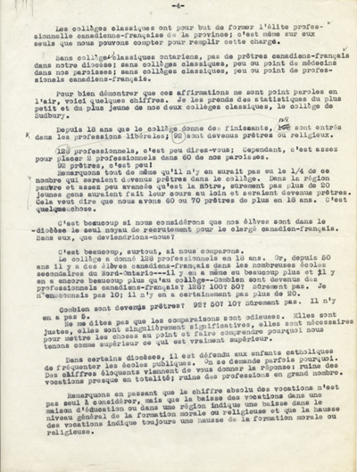 Reproduction de la quatri&egrave;me page du texte du discours de Guillaume Belcourt, s.j., prononc&eacute; au congr&egrave;s r&eacute;gional de l’Association canadienne-fran&ccedil;aise d’&eacute;ducation d’Ontario, &agrave; Sudbury (Ontario) en 1940, 1940.