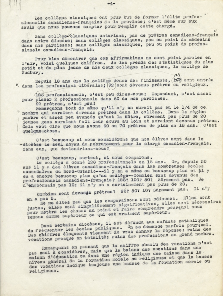 Reproduction de la quatri&egrave;me page du texte du discours de Guillaume Belcourt, s.j., prononc&eacute; au congr&egrave;s r&eacute;gional de l’Association canadienne-fran&ccedil;aise d’&eacute;ducation d’Ontario, &agrave; Sudbury (Ontario) en 1940, 1940.
