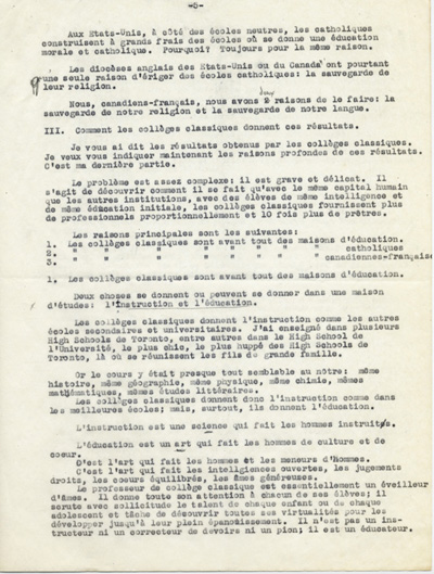 Reproduction de la cinqui&egrave;me page du texte du discours de Guillaume Belcourt, s.j., prononc&eacute; au congr&egrave;s r&eacute;gional de l’Association canadienne-fran&ccedil;aise d’&eacute;ducation d’Ontario, &agrave; Sudbury (Ontario) en 1940, 1940.