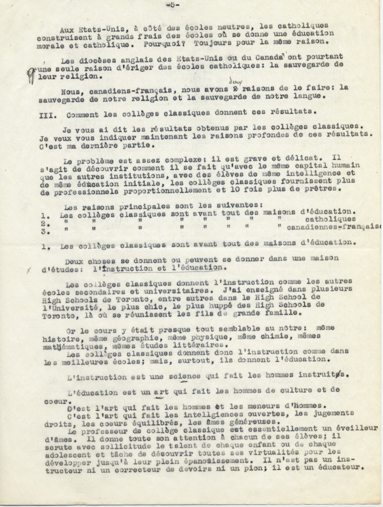 Reproduction de la cinquième page du texte du discours de Guillaume Belcourt, s.j., prononcé au congrès régional de l’Association canadienne-française d’éducation d’Ontario, à Sudbury (Ontario) en 1940, 1940.