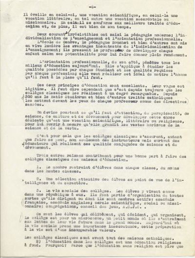 Reproduction de la sixi&egrave;me page du texte du discours de Guillaume Belcourt, s.j., prononc&eacute; au congr&egrave;s r&eacute;gional de l’Association canadienne-fran&ccedil;aise d’&eacute;ducation d’Ontario, &agrave; Sudbury (Ontario) en 1940, 1940.