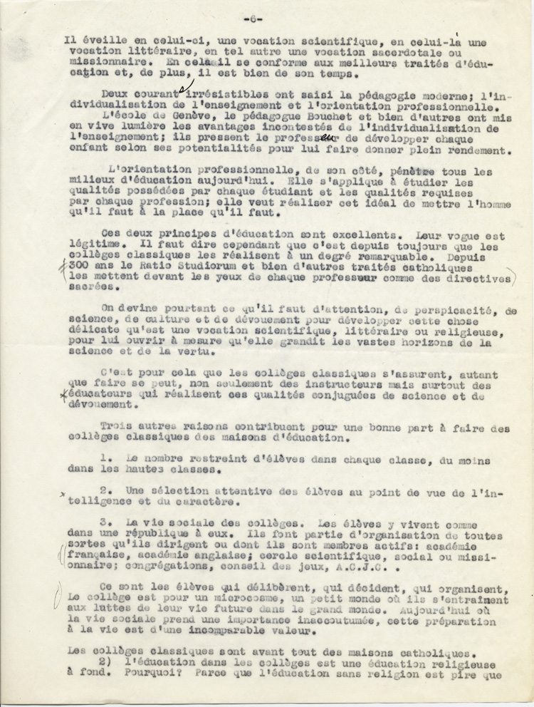 Reproduction de la sixième page du texte du discours de Guillaume Belcourt, s.j., prononcé au congrès régional de l’Association canadienne-française d’éducation d’Ontario, à Sudbury (Ontario) en 1940, 1940.