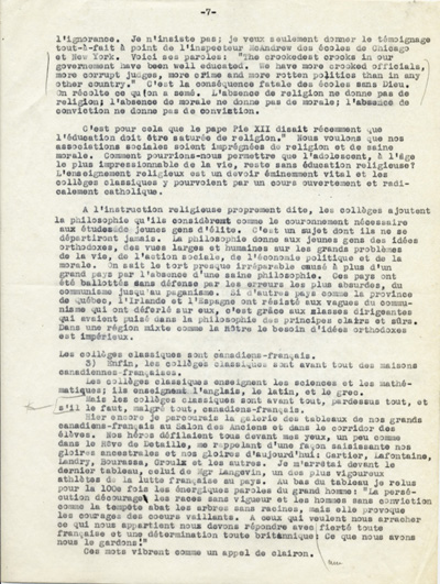 Reproduction de la septi&egrave;me page du texte du discours de Guillaume Belcourt, s.j., prononc&eacute; au congr&egrave;s r&eacute;gional de l’Association canadienne-fran&ccedil;aise d’&eacute;ducation d’Ontario, &agrave; Sudbury (Ontario) en 1940, 1940.