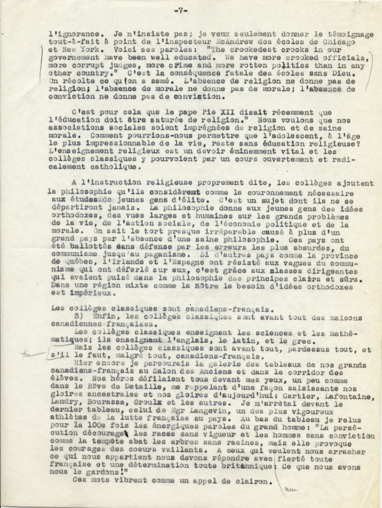 Reproduction de la septi&egrave;me page du texte du discours de Guillaume Belcourt, s.j., prononc&eacute; au congr&egrave;s r&eacute;gional de l’Association canadienne-fran&ccedil;aise d’&eacute;ducation d’Ontario, &agrave; Sudbury (Ontario) en 1940, 1940.