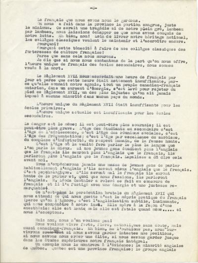 Reproduction de la huiti&egrave;me page du texte du discours de Guillaume Belcourt, s.j., prononc&eacute; au congr&egrave;s r&eacute;gional de l’Association canadienne-fran&ccedil;aise d’&eacute;ducation d’Ontario, &agrave; Sudbury (Ontario) en 1940, 1940.