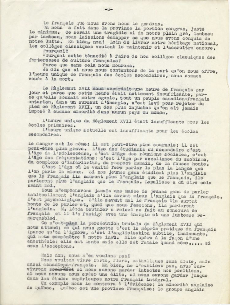 Reproduction de la huiti&egrave;me page du texte du discours de Guillaume Belcourt, s.j., prononc&eacute; au congr&egrave;s r&eacute;gional de l’Association canadienne-fran&ccedil;aise d’&eacute;ducation d’Ontario, &agrave; Sudbury (Ontario) en 1940, 1940.