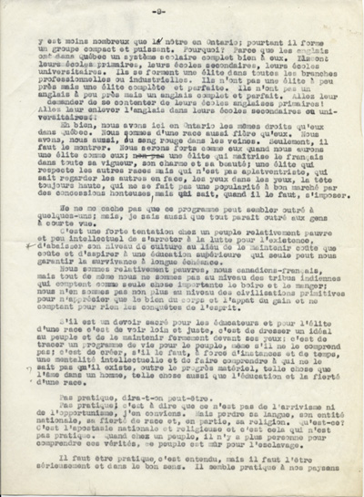 Reproduction de la neuvi&egrave;me page du texte du discours de Guillaume Belcourt, s.j., prononc&eacute; au congr&egrave;s r&eacute;gional de l’Association canadienne-fran&ccedil;aise d’&eacute;ducation d’Ontario, &agrave; Sudbury (Ontario) en 1940, 1940.