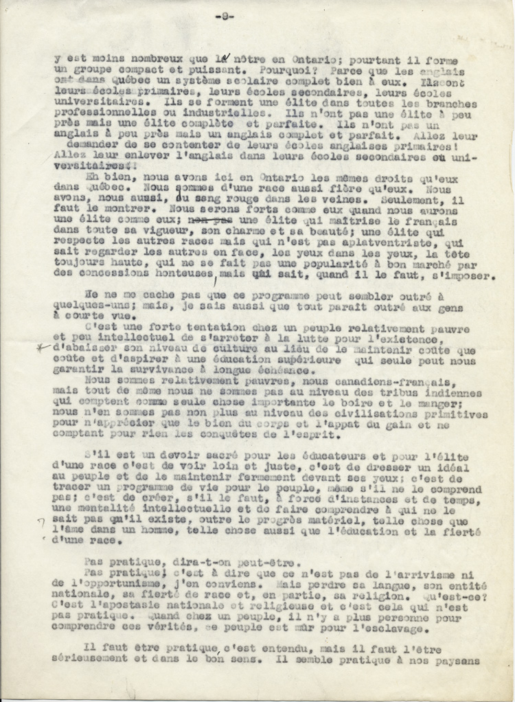 Reproduction de la neuvième page du texte du discours de Guillaume Belcourt, s.j., prononcé au congrès régional de l’Association canadienne-française d’éducation d’Ontario, à Sudbury (Ontario) en 1940, 1940.