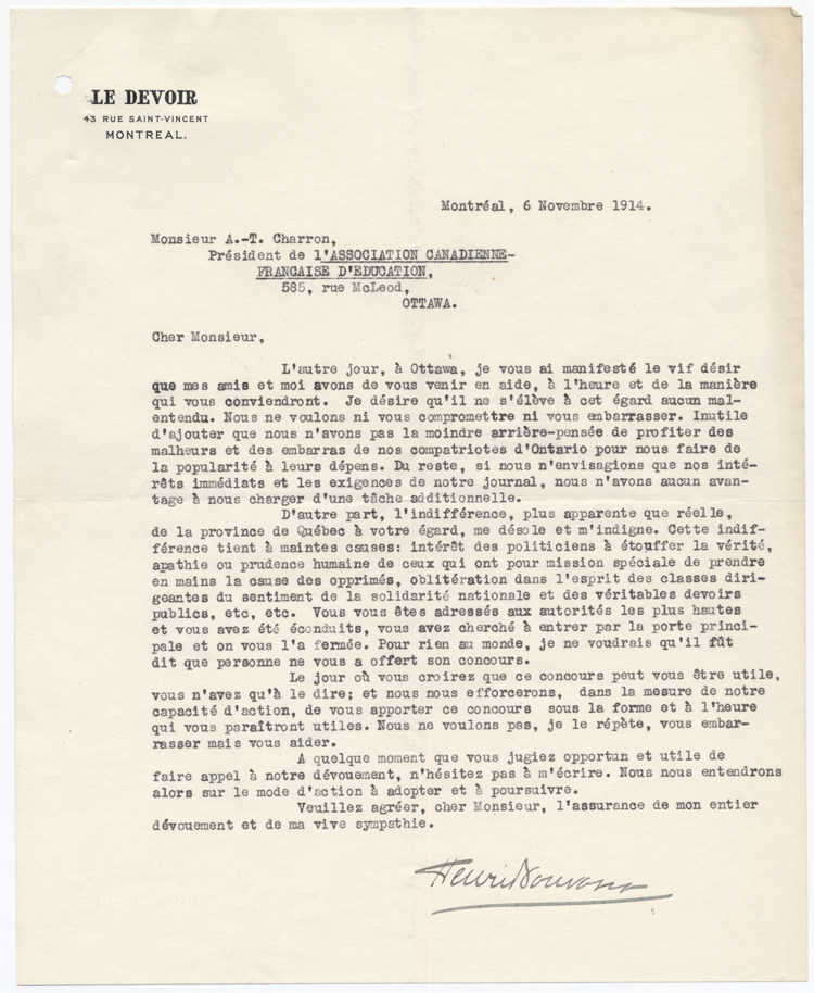 Reproduction d’une lettre de Henri Bourassa, directeur du journal Le Devoir, &agrave; Alphonse-T&eacute;lesphore Charron, pr&eacute;sident de l’Association canadienne-fran&ccedil;aise d’&eacute;ducation d’Ontario (ACFEO), 6 novembre 1914.