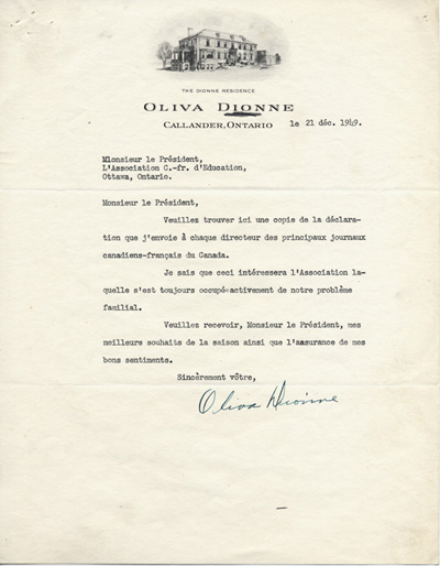 Reproduction d’une lettre d’Ovila Dionne, p&egrave;re des jumelles Dionne, &agrave; Ernest D&eacute;sormeaux, pr&eacute;sident de l’Association canadienne-fran&ccedil;aise d’&eacute;ducation d’Ontario, 21 d&eacute;cembre 1949.