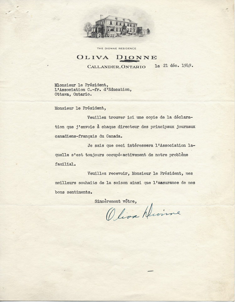Reproduction d’une lettre d’Ovila Dionne, p&egrave;re des jumelles Dionne, &agrave; Ernest D&eacute;sormeaux, pr&eacute;sident de l’Association canadienne-fran&ccedil;aise d’&eacute;ducation d’Ontario, 21 d&eacute;cembre 1949.