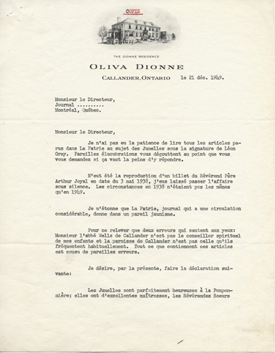 Reproduction de la premi&egrave;re page d’une copie d’une lettre de Ovila Dionne, p&egrave;re des jumelles Dionne, aux directeurs des principaux journaux du Canada fran&ccedil;ais au sujet d’un article de L&eacute;on Gray sur les jumelles Dionne paru dans La Patrie, 21 d&eacute;cembre 1949.