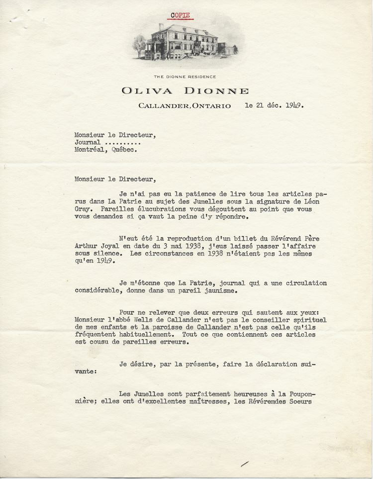 Reproduction de la premi&egrave;re page d’une copie d’une lettre de Ovila Dionne, p&egrave;re des jumelles Dionne, aux directeurs des principaux journaux du Canada fran&ccedil;ais au sujet d’un article de L&eacute;on Gray sur les jumelles Dionne paru dans La Patrie, 21 d&eacute;cembre 1949.