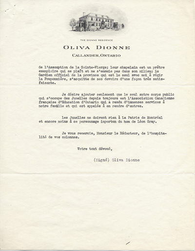 Reproduction de la deuxi&egrave;me page d’une copie d’une lettre de Ovila Dionne, p&egrave;re des jumelles Dionne, aux directeurs des principaux journaux du Canada fran&ccedil;ais au sujet d’un article de L&eacute;on Gray sur les jumelles Dionne paru dans La Patrie, 21 d&eacute;cembre 1949.