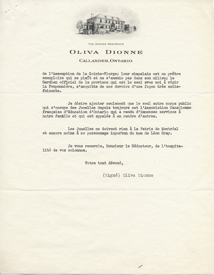 Reproduction de la deuxi&egrave;me page d’une copie d’une lettre de Ovila Dionne, p&egrave;re des jumelles Dionne, aux directeurs des principaux journaux du Canada fran&ccedil;ais au sujet d’un article de L&eacute;on Gray sur les jumelles Dionne paru dans La Patrie, 21 d&eacute;cembre 1949.