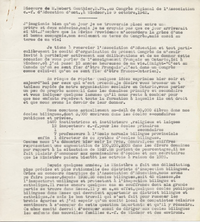 Reproduction de la premi&egrave;re page du texte du discours de Robert Gauthier, directeur de l’enseignement fran&ccedil;ais de l’Ontario, prononc&eacute; au congr&egrave;s r&eacute;gional de l’Association canadienne-fran&ccedil;aise d’&eacute;ducation d’Ontario, le 9 octobre 1942, &agrave; Windsor (Ontario), au sujet de la cr&eacute;ation de nouvelles &eacute;coles secondaires publiques en Ontario fran&ccedil;ais, 1942.