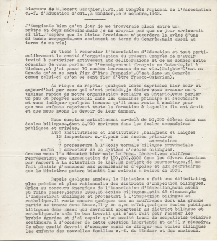 Reproduction de la première page du texte du discours de Robert Gauthier, directeur de l’enseignement français de l’Ontario, prononcé au congrès régional de l’Association canadienne-française d’éducation d’Ontario, le 9 octobre 1942, à Windsor (Ontario), au sujet de la création de nouvelles écoles secondaires publiques en Ontario français, 1942.