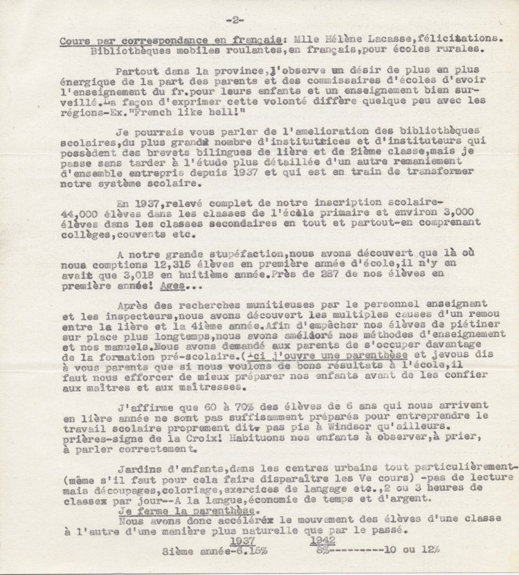 Reproduction de la deuxième page du texte du discours de Robert Gauthier, directeur de l’enseignement français de l’Ontario, prononcé au congrès régional de l’Association canadienne-française d’éducation d’Ontario, le 9 octobre 1942, à Windsor (Ontario), au sujet de la création de nouvelles écoles secondaires publiques en Ontario français, 1942.