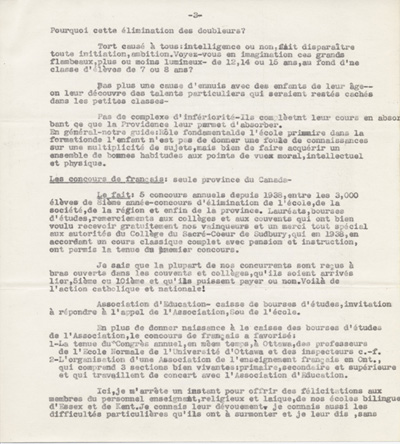 Reproduction de la troisi&egrave;me page du texte du discours de Robert Gauthier, directeur de l’enseignement fran&ccedil;ais de l’Ontario, prononc&eacute; au congr&egrave;s r&eacute;gional de l’Association canadienne-fran&ccedil;aise d’&eacute;ducation d’Ontario, le 9 octobre 1942, &agrave; Windsor (Ontario), au sujet de la cr&eacute;ation de nouvelles &eacute;coles secondaires publiques en Ontario fran&ccedil;ais, 1942.