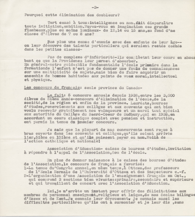 Reproduction de la troisi&egrave;me page du texte du discours de Robert Gauthier, directeur de l’enseignement fran&ccedil;ais de l’Ontario, prononc&eacute; au congr&egrave;s r&eacute;gional de l’Association canadienne-fran&ccedil;aise d’&eacute;ducation d’Ontario, le 9 octobre 1942, &agrave; Windsor (Ontario), au sujet de la cr&eacute;ation de nouvelles &eacute;coles secondaires publiques en Ontario fran&ccedil;ais, 1942.