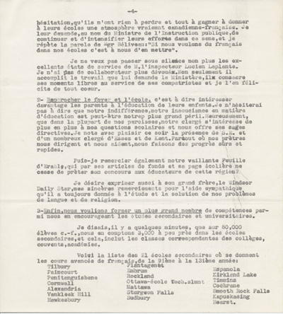 Reproduction de la quatri&egrave;me page du texte du discours de Robert Gauthier, directeur de l’enseignement fran&ccedil;ais de l’Ontario, prononc&eacute; au congr&egrave;s r&eacute;gional de l’Association canadienne-fran&ccedil;aise d’&eacute;ducation d’Ontario, le 9 octobre 1942, &agrave; Windsor (Ontario), au sujet de la cr&eacute;ation de nouvelles &eacute;coles secondaires publiques en Ontario fran&ccedil;ais, 1942.
