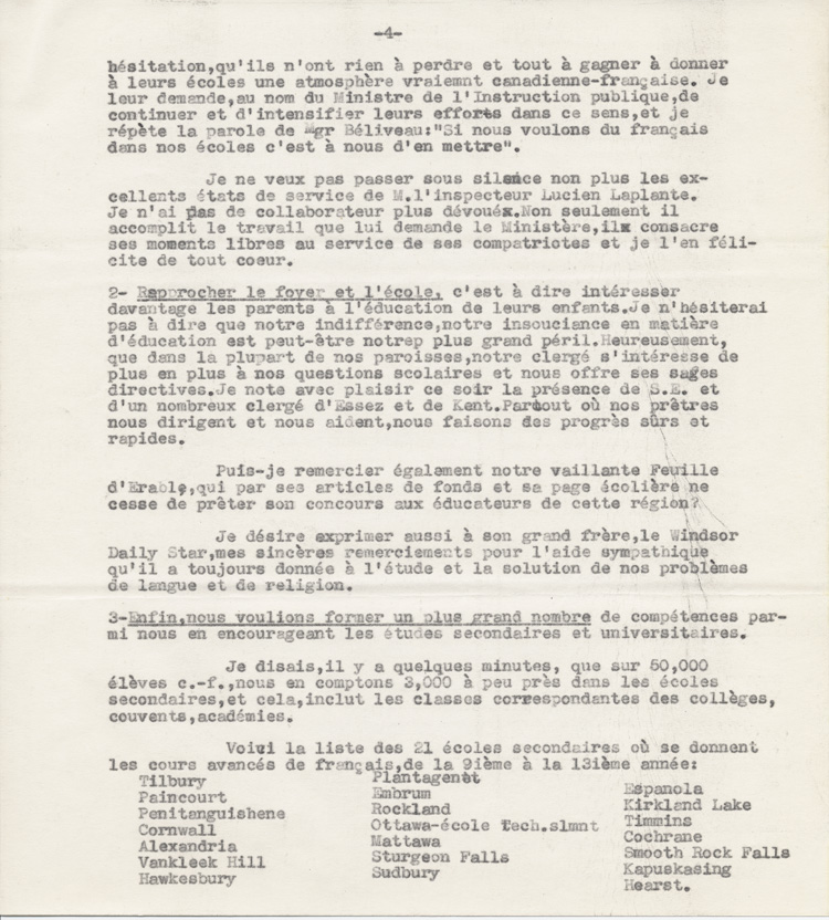 Reproduction de la quatri&egrave;me page du texte du discours de Robert Gauthier, directeur de l’enseignement fran&ccedil;ais de l’Ontario, prononc&eacute; au congr&egrave;s r&eacute;gional de l’Association canadienne-fran&ccedil;aise d’&eacute;ducation d’Ontario, le 9 octobre 1942, &agrave; Windsor (Ontario), au sujet de la cr&eacute;ation de nouvelles &eacute;coles secondaires publiques en Ontario fran&ccedil;ais, 1942.