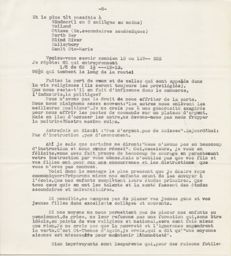 Reproduction de la cinqui&egrave;me page du texte du discours de Robert Gauthier, directeur de l’enseignement fran&ccedil;ais de l’Ontario, prononc&eacute; au congr&egrave;s r&eacute;gional de l’Association canadienne-fran&ccedil;aise d’&eacute;ducation d’Ontario, le 9 octobre 1942, &agrave; Windsor (Ontario), au sujet de la cr&eacute;ation de nouvelles &eacute;coles secondaires publiques en Ontario fran&ccedil;ais, 1942.