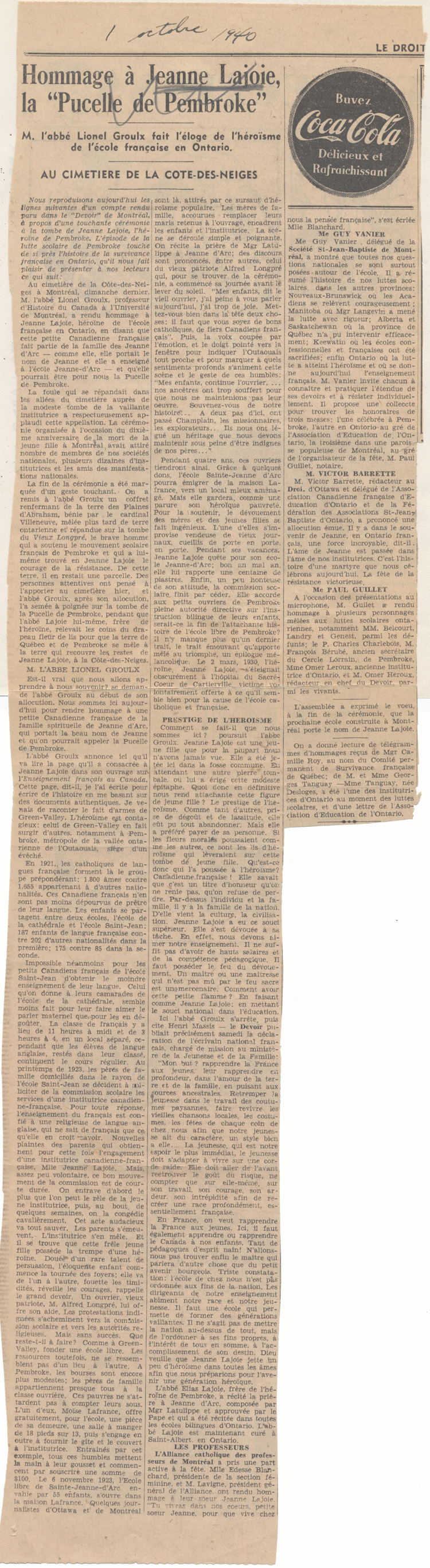 Reproduction d’un article paru dans le journal Le Droit et intitul&eacute; Hommage &agrave; Jeanne Lajoie, la Pucelle de Pembroke, 1er octobre 1940.
