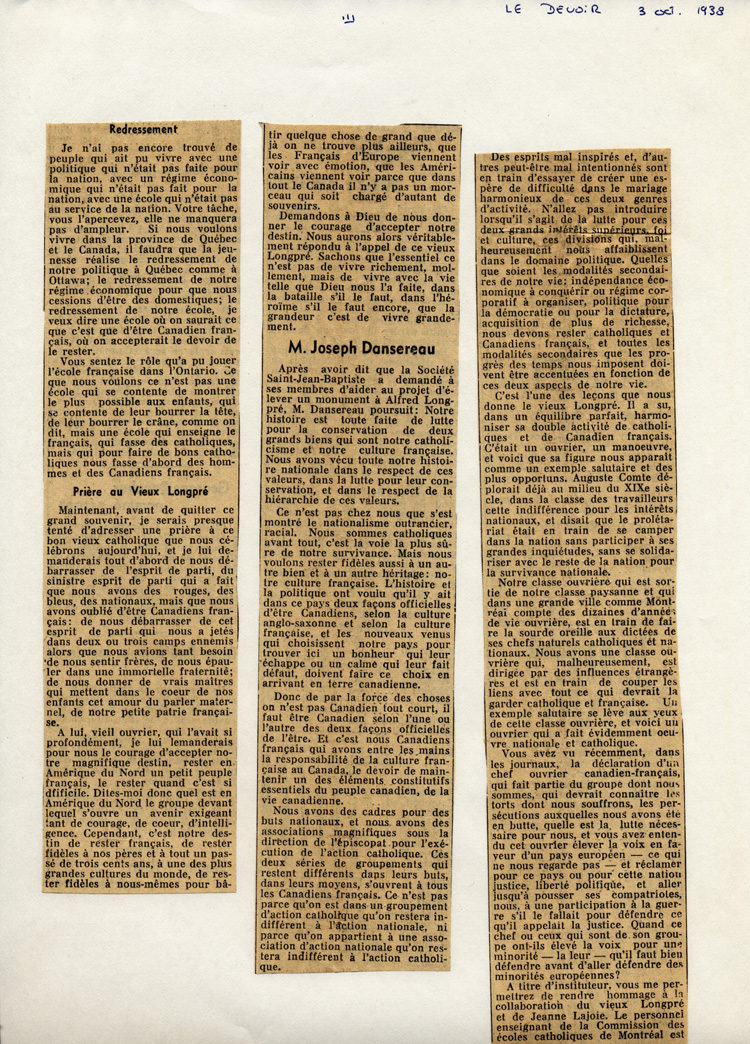 Reproduction de la troisi&egrave;me partie d’un article paru dans Le Devoir et intitul&eacute; L’hommage au patriote Alfred Longpr&eacute; &agrave; L’Assomption, relatant le d&eacute;voilement d’un monument en son honneur, 3 octobre 1938.