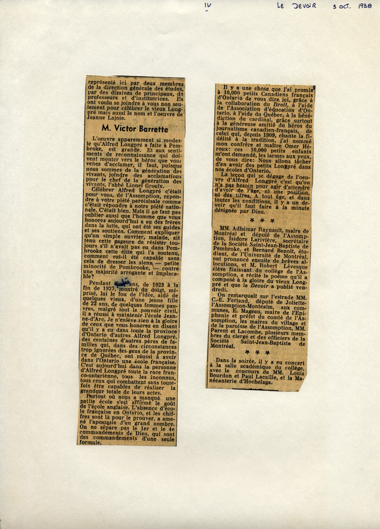 Reproduction de la quatri&egrave;me partie d’un article paru dans Le Devoir et intitul&eacute; L’hommage au patriote Alfred Longpr&eacute; &agrave; L’Assomption, relatant le d&eacute;voilement d’un monument en son honneur, 3 octobre 1938.