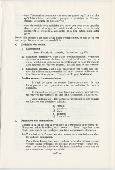 Reproduction de la vingt-neuvi&egrave;me page du Rapport annuel de l’Association canadienne-fran&ccedil;aise d’&eacute;ducation d’Ontario pour l’ann&eacute;e 1957, d&eacute;crivant les types de milieux franco-ontariens, 1957.