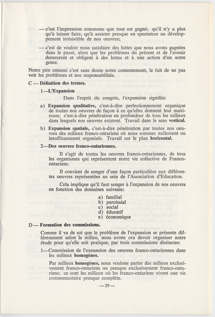 Reproduction de la vingt-neuvi&egrave;me page du Rapport annuel de l’Association canadienne-fran&ccedil;aise d’&eacute;ducation d’Ontario pour l’ann&eacute;e 1957, d&eacute;crivant les types de milieux franco-ontariens, 1957.
