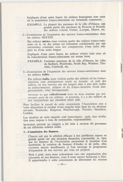 Reproduction de la trenti&egrave;me page du Rapport annuel de l’Association canadienne-fran&ccedil;aise d’&eacute;ducation d’Ontario pour l’ann&eacute;e 1957, d&eacute;crivant les types de milieux franco-ontariens, 1957.