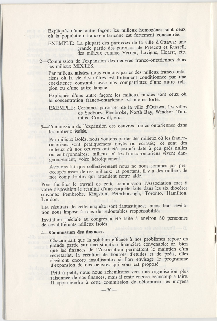 Reproduction de la trenti&egrave;me page du Rapport annuel de l’Association canadienne-fran&ccedil;aise d’&eacute;ducation d’Ontario pour l’ann&eacute;e 1957, d&eacute;crivant les types de milieux franco-ontariens, 1957.
