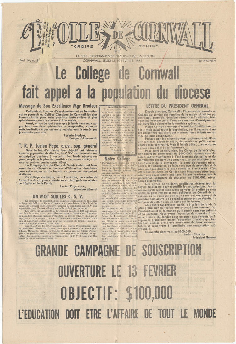 Reproduction de la premi&egrave;re page du num&eacute;ro sp&eacute;cial de L’&eacute;toile de Cornwall lors de la campagne de souscription en faveur du Coll&egrave;ge classique de Cornwall (Ontario), 10 f&eacute;vrier 1955.