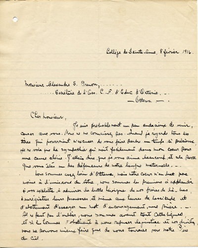 Reproduction de la premi&egrave;re page d’une lettre de Thomas Mignault, &eacute;tudiant du Coll&egrave;ge de Sainte-Anne de la Pocati&egrave;re (Qu&eacute;bec), &agrave; Alexandre S. Grenon, secr&eacute;taire de l’Association canadienne-fran&ccedil;aise d’&eacute;ducation d’Ontario (ACFEO), 8 f&eacute;vrier 1916.