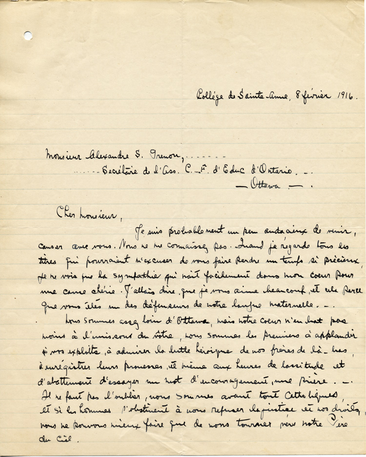 Reproduction de la premi&egrave;re page d’une lettre de Thomas Mignault, &eacute;tudiant du Coll&egrave;ge de Sainte-Anne de la Pocati&egrave;re (Qu&eacute;bec), &agrave; Alexandre S. Grenon, secr&eacute;taire de l’Association canadienne-fran&ccedil;aise d’&eacute;ducation d’Ontario (ACFEO), 8 f&eacute;vrier 1916.