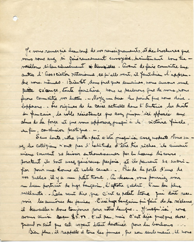 Reproduction de la deuxi&egrave;me page d’une lettre de Thomas Mignault, &eacute;tudiant du Coll&egrave;ge de Sainte-Anne de la Pocati&egrave;re (Qu&eacute;bec), &agrave; Alexandre S. Grenon, secr&eacute;taire de l’Association canadienne-fran&ccedil;aise d’&eacute;ducation d’Ontario (ACFEO), 8 f&eacute;vrier 1916.