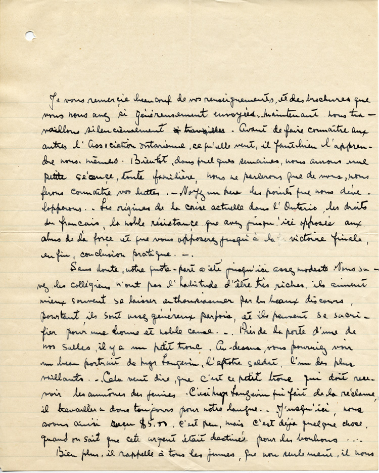 Reproduction de la deuxi&egrave;me page d’une lettre de Thomas Mignault, &eacute;tudiant du Coll&egrave;ge de Sainte-Anne de la Pocati&egrave;re (Qu&eacute;bec), &agrave; Alexandre S. Grenon, secr&eacute;taire de l’Association canadienne-fran&ccedil;aise d’&eacute;ducation d’Ontario (ACFEO), 8 f&eacute;vrier 1916.