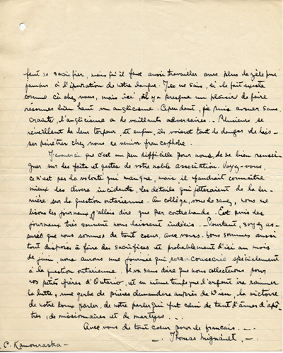 Reproduction de la troisi&egrave;me page d’une lettre de Thomas Mignault, &eacute;tudiant du Coll&egrave;ge de Sainte-Anne de la Pocati&egrave;re (Qu&eacute;bec), &agrave; Alexandre S. Grenon, secr&eacute;taire de l’Association canadienne-fran&ccedil;aise d’&eacute;ducation d’Ontario (ACFEO), 8 f&eacute;vrier 1916.