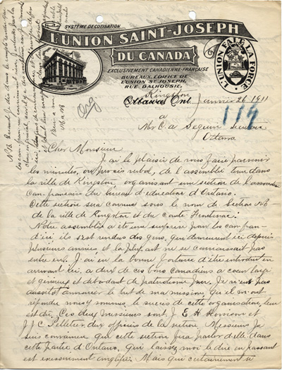Reproduction de la premi&egrave;re page d’une lettre de M. A. M&eacute;nard &agrave; C. A. S&eacute;guin, secr&eacute;taire, Association canadienne-fran&ccedil;aise d’&eacute;ducation d’Ontario (ACFEO), au sujet de l’assembl&eacute;e de fondation d’une section de l’ACFEO &agrave; Kingston, Kingston, 26 janvier 1911.