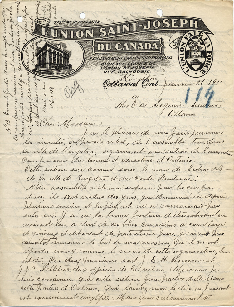 Reproduction de la premi&egrave;re page d’une lettre de M. A. M&eacute;nard &agrave; C. A. S&eacute;guin, secr&eacute;taire, Association canadienne-fran&ccedil;aise d’&eacute;ducation d’Ontario (ACFEO), au sujet de l’assembl&eacute;e de fondation d’une section de l’ACFEO &agrave; Kingston, Kingston, 26 janvier 1911.