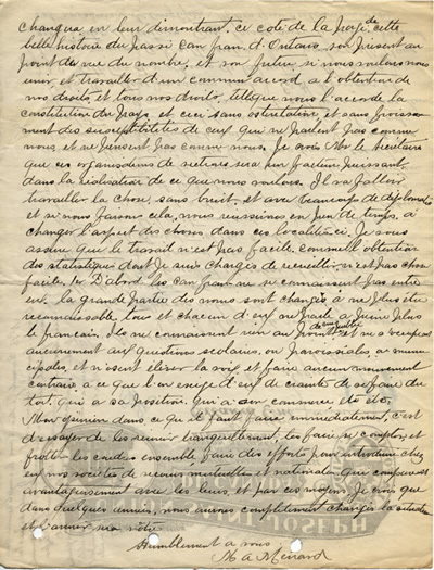 Reproduction de la deuxi&egrave;me page d’une lettre de M. A. M&eacute;nard &agrave; C. A. S&eacute;guin, secr&eacute;taire, Association canadienne-fran&ccedil;aise d’&eacute;ducation d’Ontario (ACFEO), au sujet de l’assembl&eacute;e de fondation d’une section de l’ACFEO &agrave; Kingston, Kingston, 26 janvier 1911.